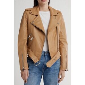WALTER BAKER Womens Tan Leather Moto Jacket XS Buckle Belt Zip Pockets
